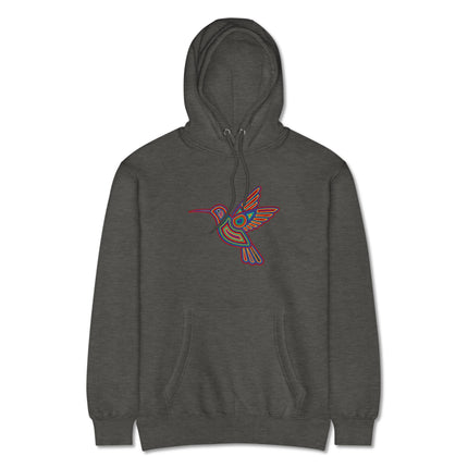 Huichol Hummingbird Art Hoodie featuring colorful indigenous bird symbols pullover design.