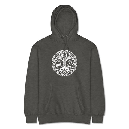 Celtic Tree of Life pullover hoodie print featuring stag, fox, and nature symbols.