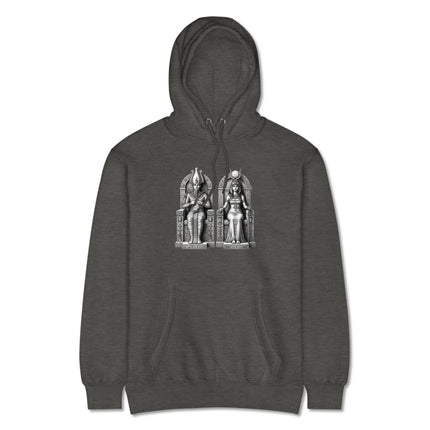 Ancient Egyptian Isis and Osiris gods graphic design printed on a mythology pullover hoodie.
