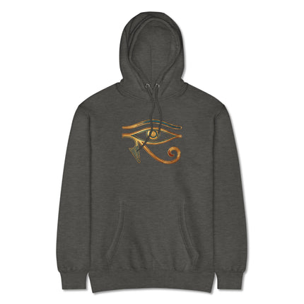 Ancient Egyptian Eye of Horus hoodie featuring striking gold and royal blue Wadjet symbol print.