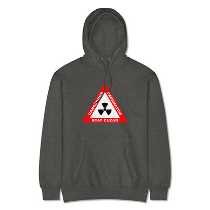 Dangerous radioactive symbol hoodie with nuclear hazard warning design.