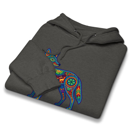 Colorful Huichol coyote design printed on an indigenous Mexican folk art pullover hoodie.