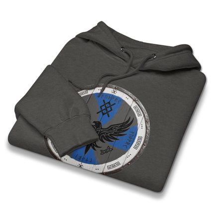 Viking raven and shield design hoodie featuring Norse mythology warrior pagan art.