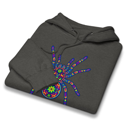 Pullover hoodie featuring vibrant Huichol tarantula and Mexican folk art spider design.
