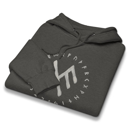 Luck Bind rune hoodie featuring Norse Viking Elder Futhark symbols and ancient runes.