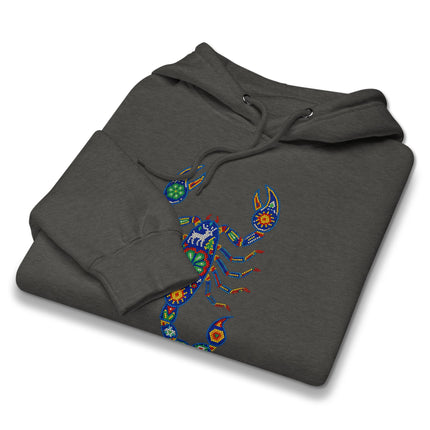 Vibrant Mexican folk art hoodie featuring a traditional Huichol style scorpion design.
