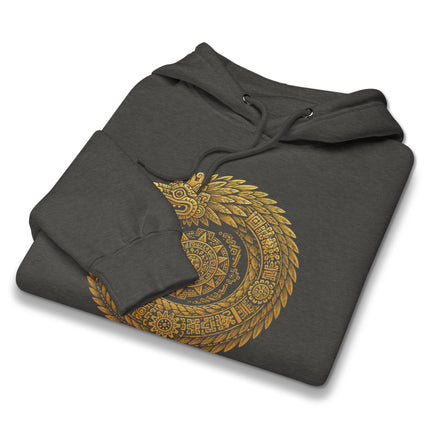 Gold sacred geometry and feathered serpent design hoodie with mandala print.