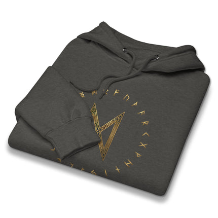 Black pullover hoodie featuring the Dagaz rune and Viking Elder Futhark symbol design.