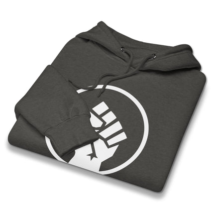 Socialist raised fist design printed on an activist pullover hoodie.