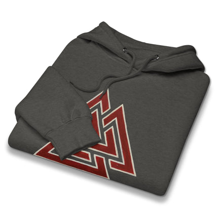 Red Valknut Viking symbol graphic on a pullover hoodie featuring Norse mythology design.