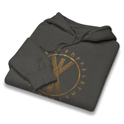 Strength Bind rune hoodie featuring Norse Viking and Elder Futhark runic symbols design.