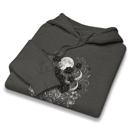 Black hoodie featuring celestial moons and black roses, perfect witchy gothic aesthetic design.