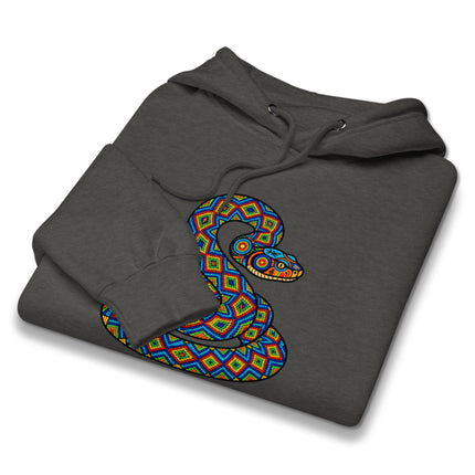 Colorful Huichol rattlesnake folk art print on a geometric design pullover hoodie.
