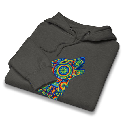 Colorful Huichol tribal art wolf howling pullover hoodie with Mexican folk designs.