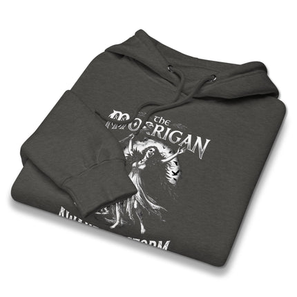 Gothic art print of The Morrigan awakening the storm on a black hoodie featuring Celtic mythology designs.