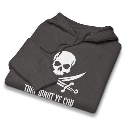 Jolly Roger skull and sabers hoodie featuring the pirate quote, "Take What Ye Can.