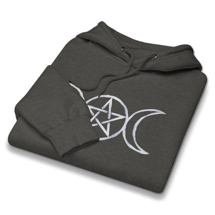 Triple Moon and Pentagram graphic on a black fleece hoodie for wiccan or goddess apparel.