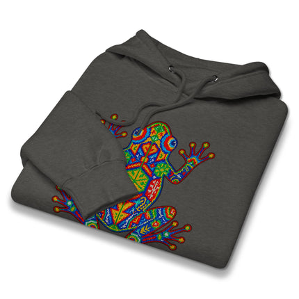 Vibrant Huichol art frog graphic pullover hoodie featuring Mexican indigenous style design.