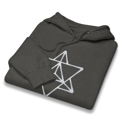 Merkaba sacred geometry star graphic print on unisex spiritual pullover hoodie.
