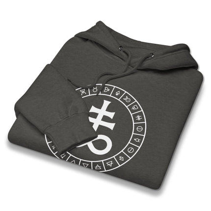 Leviathan cross occult symbols graphic on an esoteric alchemy pullover hoodie.
