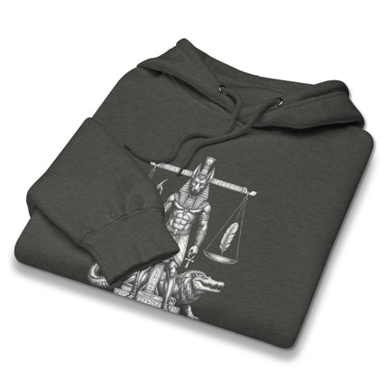 Anubis scale of justice graphic on an Egyptian themed pullover hoodie.