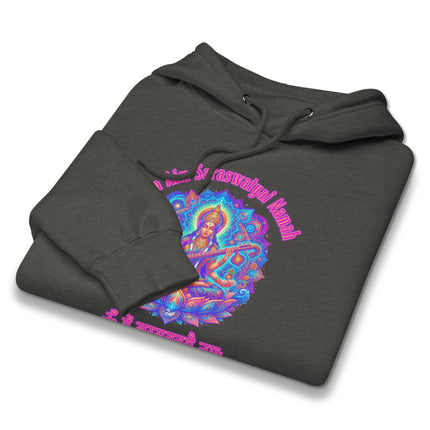 Saraswati Goddess mantra hoodie featuring Om Aim Saraswatyai Namah print.