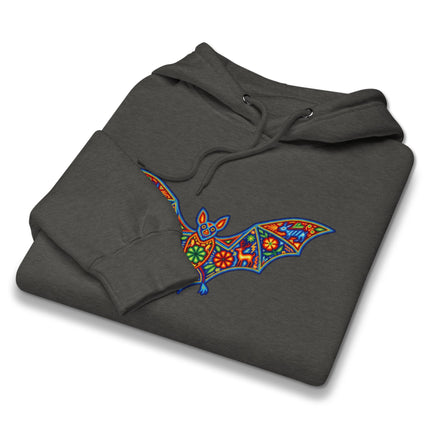 Colorful Huichol folk art bat pattern printed on a pullover hoodie, featuring Mexican indigenous designs.