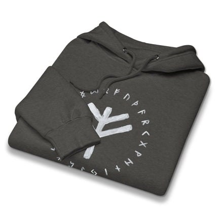 Black pullover hoodie printed with Norse Fehu wealth bind runes and Elder Futhark symbols.