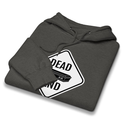 Dead End Coffin Road Sign graphic print on a dark humor pullover hoodie.