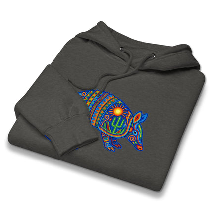 Colorful Huichol armadillo hoodie featuring Mexican folk art sun, cactus, and tribal motifs.