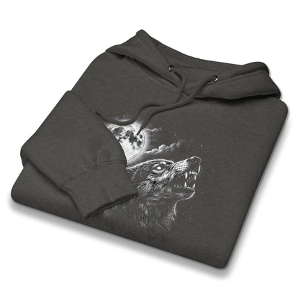 Howling wolf under a full moon night sky graphic pullover hoodie design.