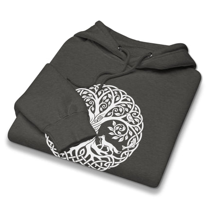 Celtic Tree of Life nature pullover hoodie featuring stag and fox woodland animal symbols.