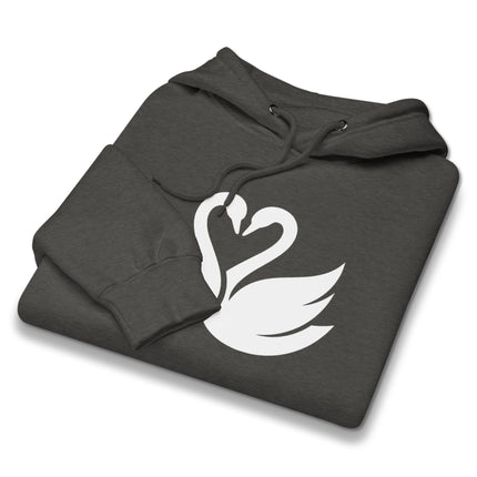Elegant white swan couple graphic hoodie featuring a romantic heart design print.