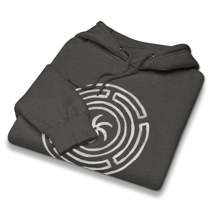 Black hoodie featuring Hekate's Wheel Strophalos pagan goddess witchy design print.
