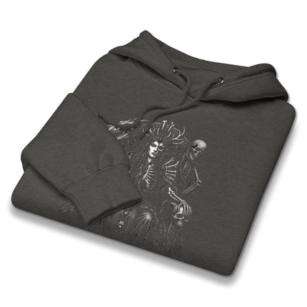 Norse Goddess Hel Queen hoodie featuring a detailed dragon, skull-adorned throne, and mythological design print.