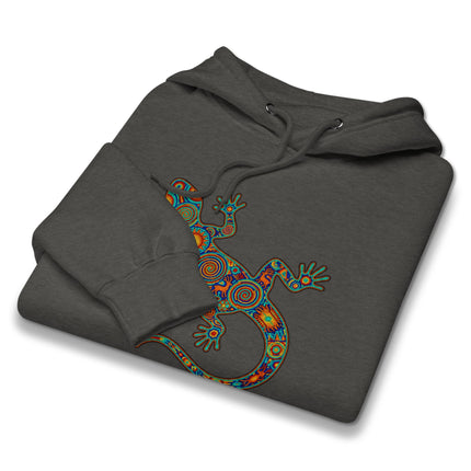 Colorful Mexican folk art hoodie featuring a vibrant Huichol-style lizard or gecko design.