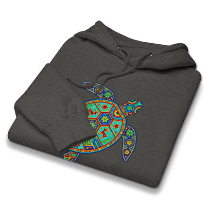 Vibrant tribal sea turtle graphic hoodie featuring authentic Huichol art design on fleece pullover.