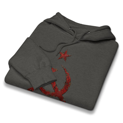 Distressed red pullover hoodie with the iconic hammer and sickle communist symbol print.