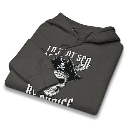 Pirate skull hoodie featuring nautical rebel design and 'Lost At Sea By Choice' graphic print.