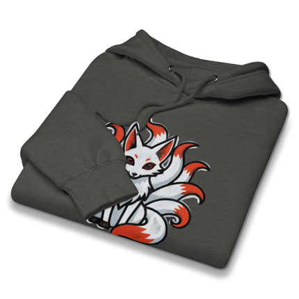 Nine Tailed Fox Kitsune graphic print pullover hoodie inspired by Japanese mythology spirit fox art.