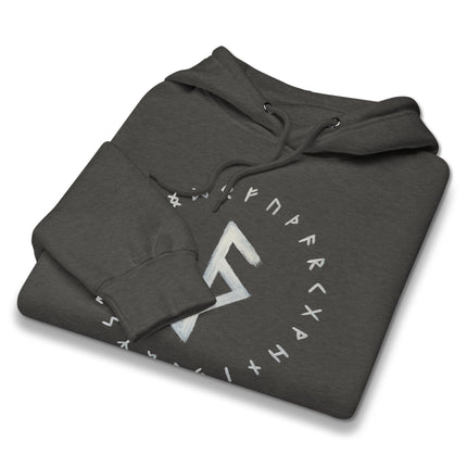 Viking bind rune protection pullover hoodie featuring ancient Nordic magic runes.