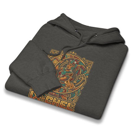 Ixchel Mayan Goddess graphic on a pullover hoodie, featuring ancient Mesoamerican art style print.