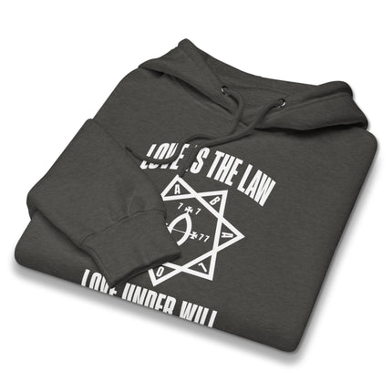Love Is The Law Thelema occult hoodie with Star of Babalon graphic print pullover.