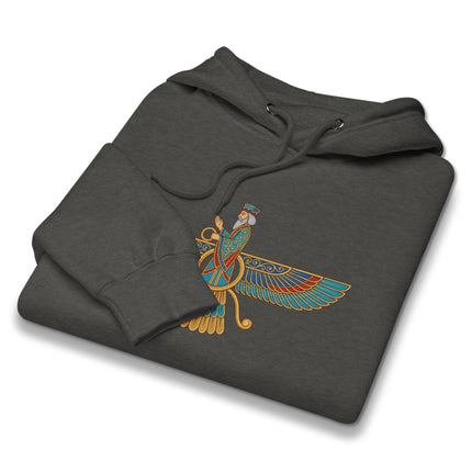 Faravahar symbol printed on black hoodie, featuring ancient Zoroastrian Persian winged Ahura Mazda art.