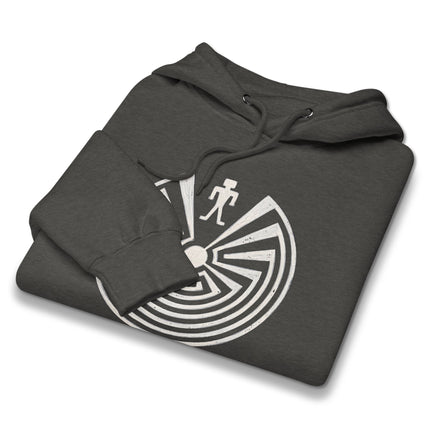 Man in the Maze hoodie featuring Native American Tohono O'odham symbol artwork print.