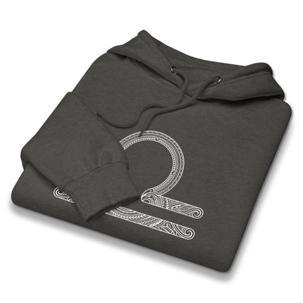 Libra zodiac scales symbol on a comfortable hoodie; detailed astrology horoscope pullover.