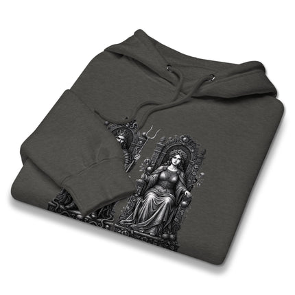 Hades and Persephone Underworld King Queen throne graphic on a mythological hoodie.