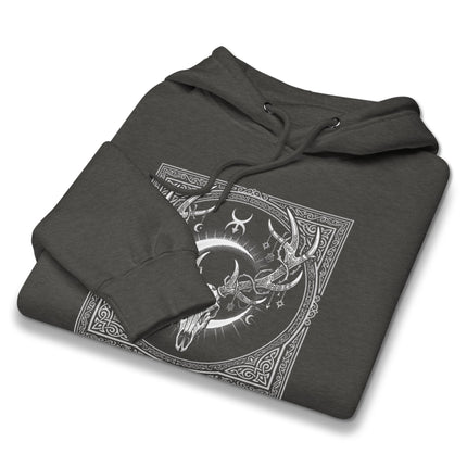 Stag skull antler crown hoodie featuring occult moon and natural woodland motifs design.