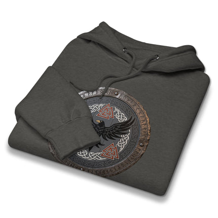 Norse raven shield hoodie featuring intricate runic symbols and powerful Viking mythology design.