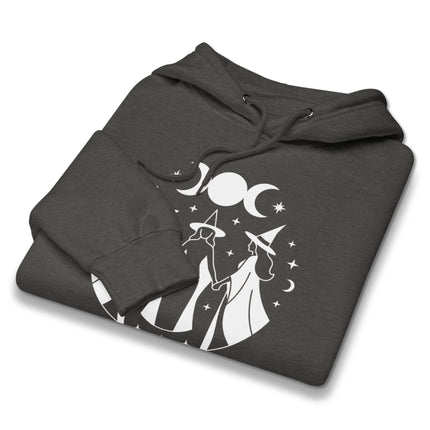 Celestial witch hoodie featuring moon phases and triple goddess symbolism graphic print.